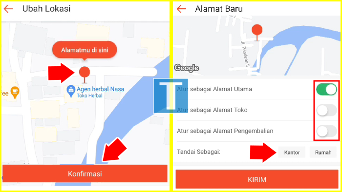 atur pin poin biar akurat dan kasih keterangan rumah toko retur kantor