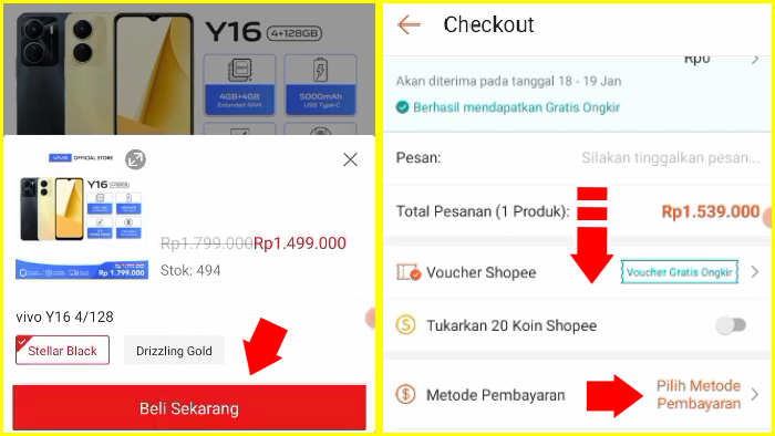 beli sekarang pas halaman checkout tekan metode pembayaran