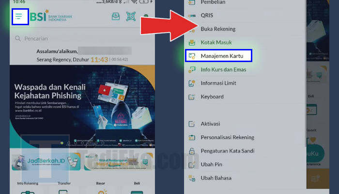 bsi mobile garis tiga menu - manajemen kartu