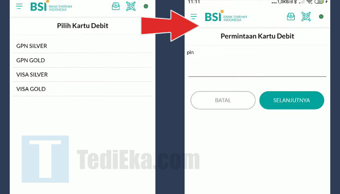 bsi mobile pilih kartu debit - pin