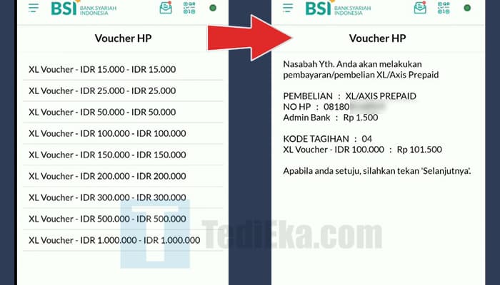 bsi mobile voucher hp pilih nominal - konfirmasi transaksi