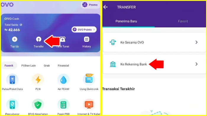 buka ovo tap menu transfer pilih ke rekening bank