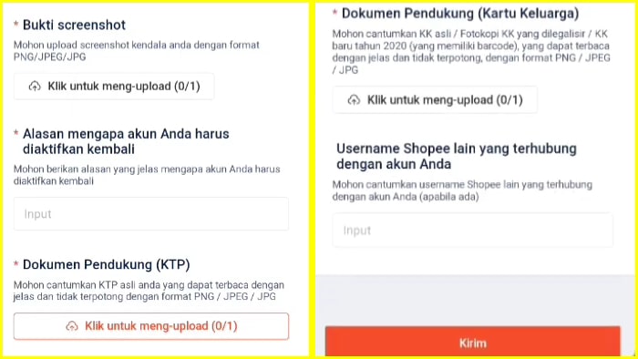 bukti pendukung pengajuan pemulihan akun ke shopee