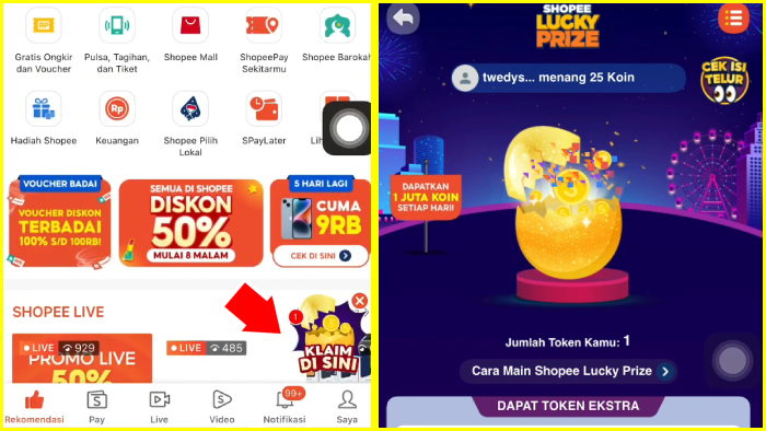 cara dapat koin shopee dari klaim lucky prize