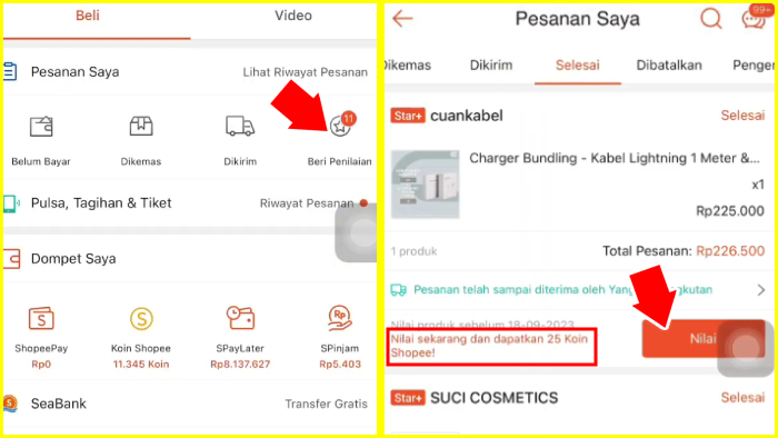 cara mendapatkan koin shopee dengan beri penilaian shopee