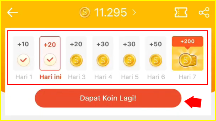 cek-in harian dari halaman koin shopee