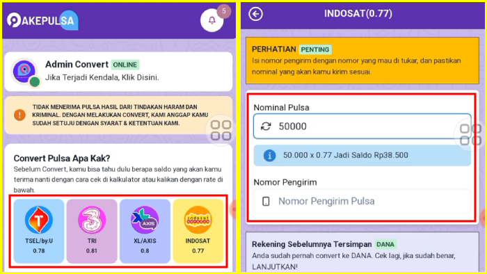 convert pakai pulsa apa nominal pulsa serta nomor pengirim