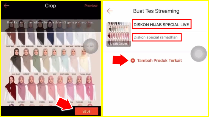 crop dan save foto cover lalu tentukan judul dan deskripsi streaming tap tambah produk terkait