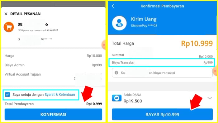 detail pesanan lalu konfirmasi pembayaran dana