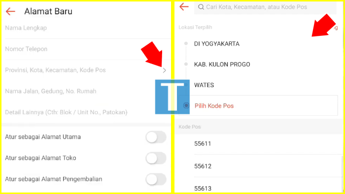 dropdown provinsi kota kecamatan kode pos buat alamat shopee