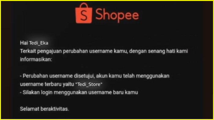 email pemberitahuan dari shopee bahwa username kamu telah berhasil diubah