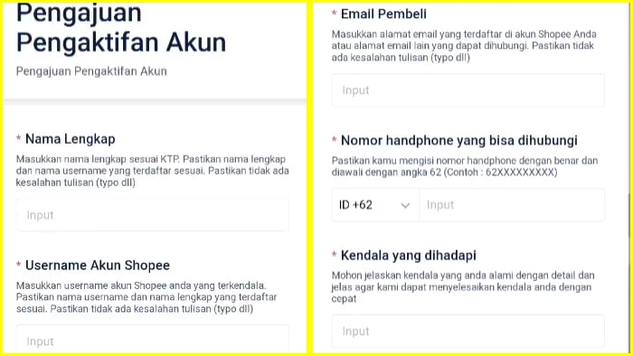 formulir pengajuan pengaktifan akun nama username email no hp kendala