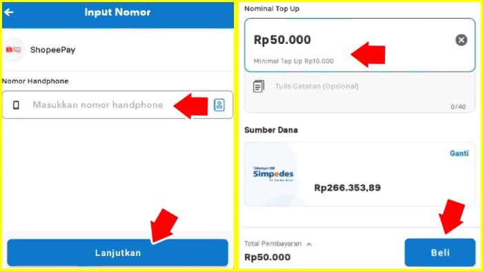 isi nomor handphone shopee dan tentukan nominal top up