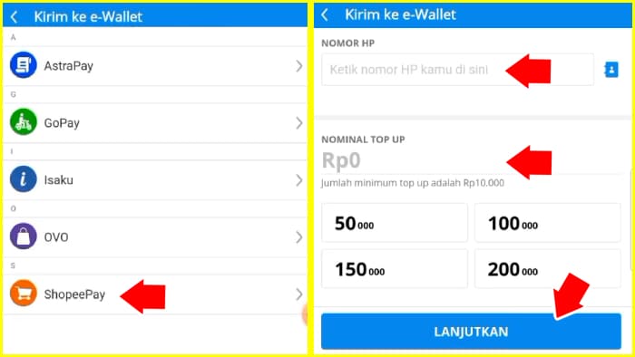 kirim ke e-wallet shopeepay isi no hape dan nominal top up