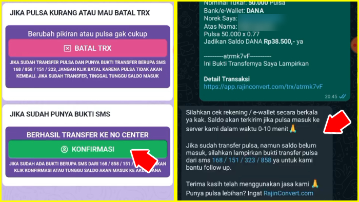 konfirmasi transfer ke nomor center balasan konfirmasi dari admin konversi pulsa