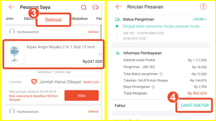 lihat faktur pada halaman rincian pesanan shopee