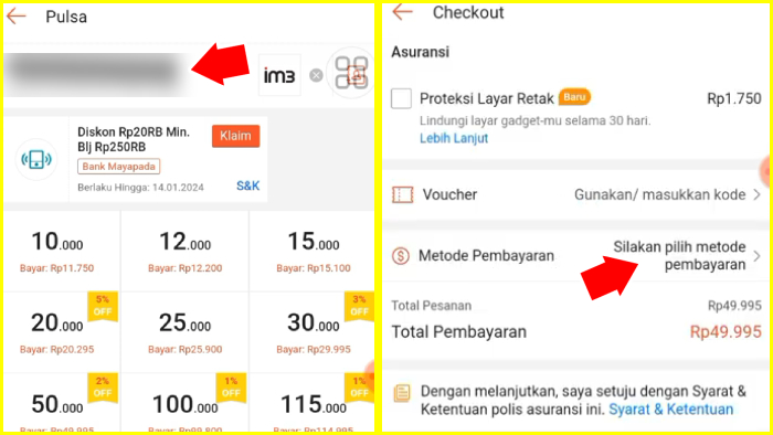 masukkan nomor handphone-mu pada halaman checkout pilih metode pembayaran shopee