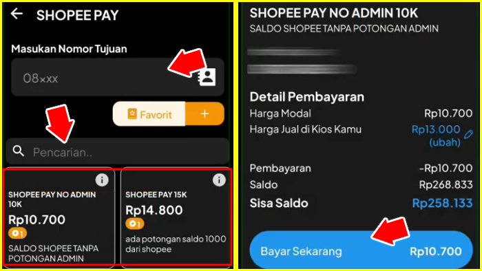 masukkan nomor handphone shopeepay tujuan top up