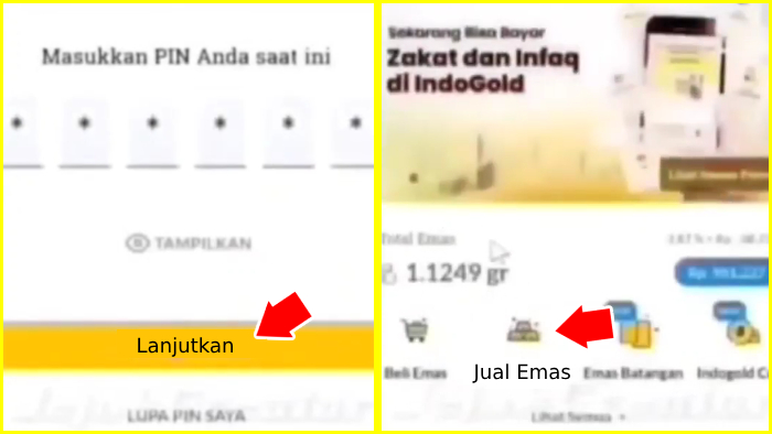 masukkan pin indogold tekan lanjutkan lalu tap jual emas