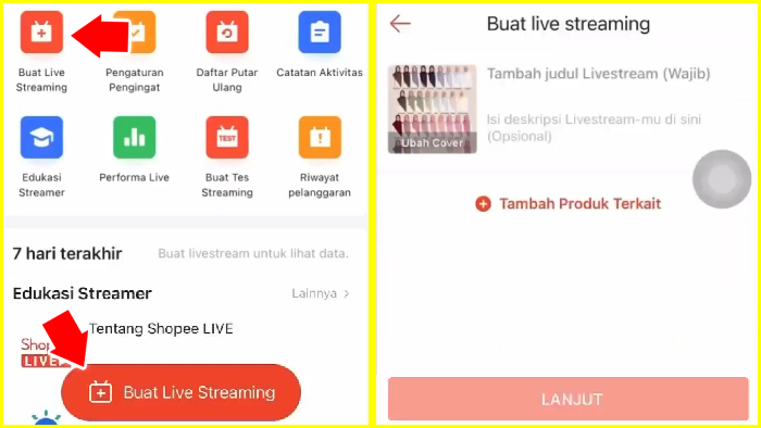 menu untuk langsung buat live streaming