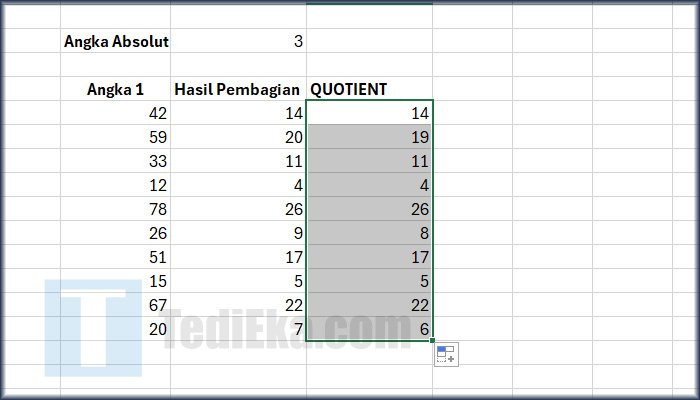 microsoft excel hasil quotient