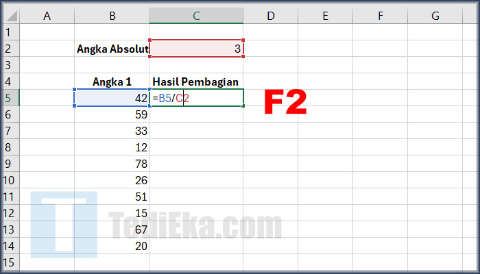 microsoft excel pembagian angka F2