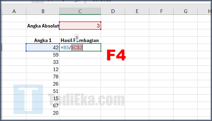 microsoft excel pembagian angka F4 Kunci Sell