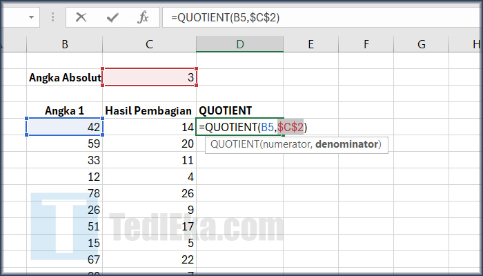 microsoft excel rumus quotient