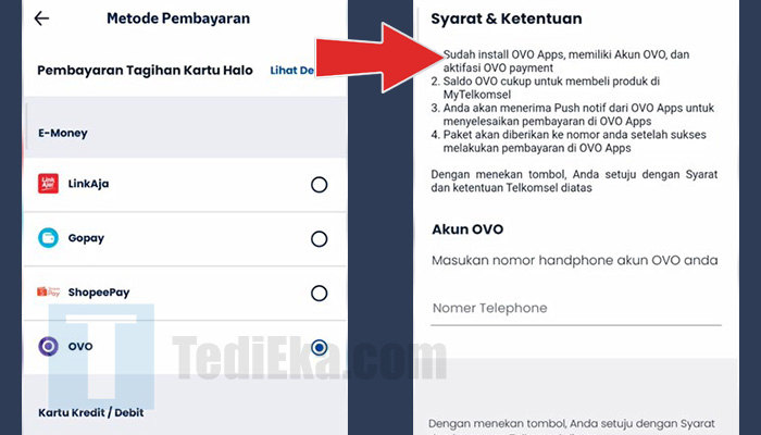 my telkomsel metode pembayaran - masukkan nomor handphone ovo