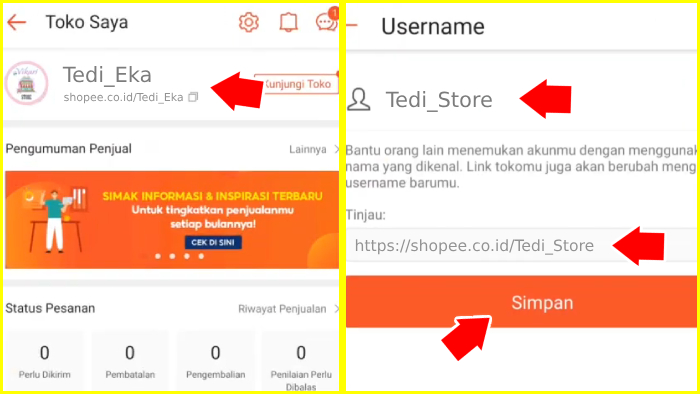 nama toko mengikuti nama username shopee