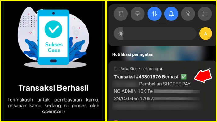 notifikasi transaksi shopeepay berhasil dari bukakios