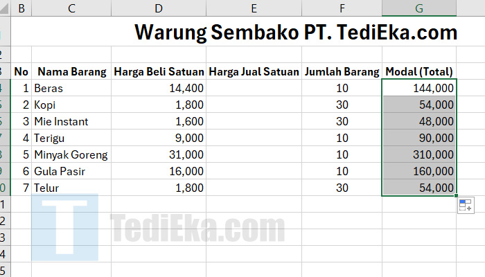 perkalian excel hasil otomatis