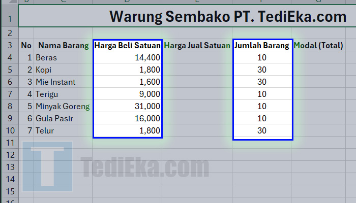 perkalian excel tentukan kolom yang ingin dikalikan