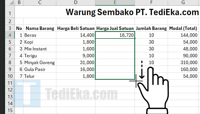 perkalian persentase excel click tahan ke bawah