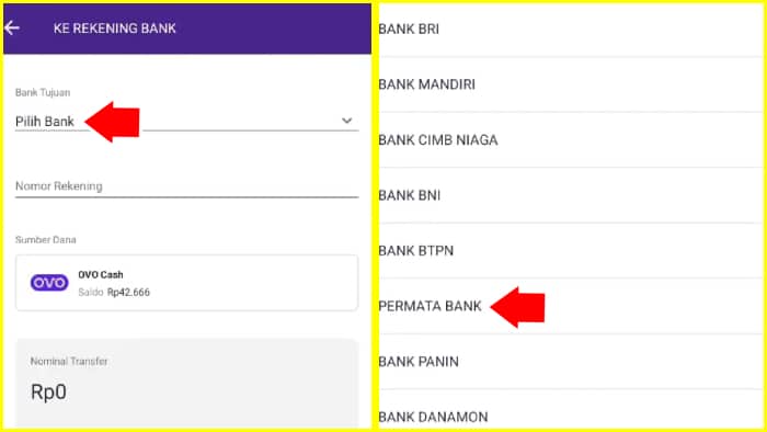 pilih bank tap opsi bank permata untuk transfer dari ovo ke shopee