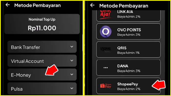 pilih metode pembayaran e money lalu pilih shopeepay