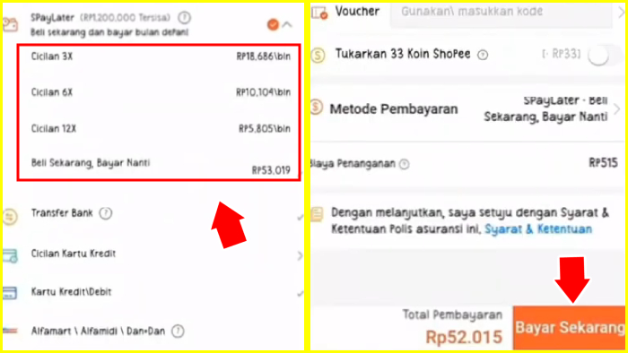 pilih metode spaylater tekan bayar sekarang