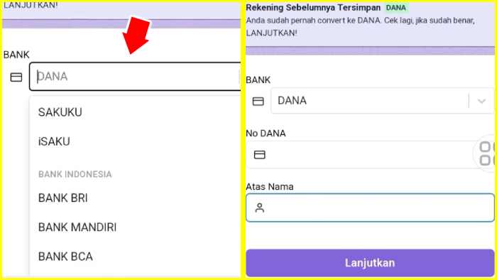 pilih rekening tujuan konversi pulsa