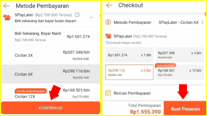 pilih sekali bayar atau cicilan dan buat pesanan handphone ke shopee