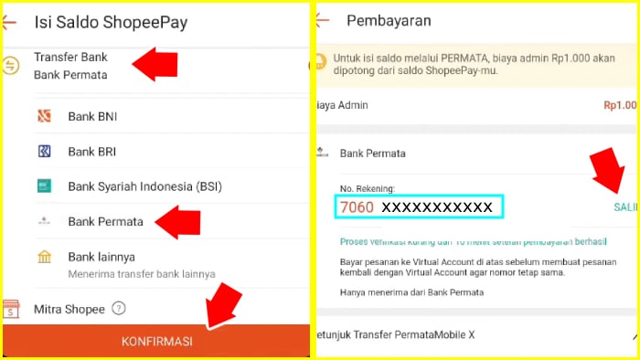 pilih transfer bank permata lalu konfirmasi dan salin no rekening virtual account bank permata