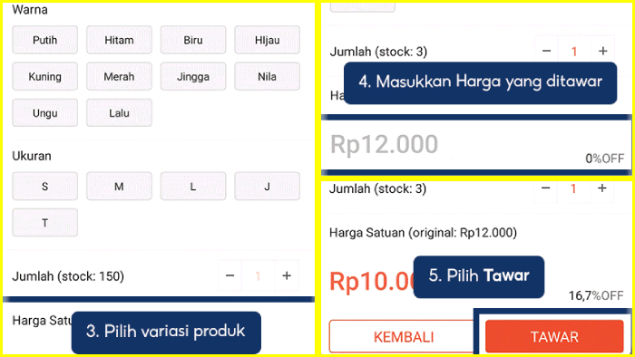 pilih variasi produk dan isi harga tawar ke seller shopee