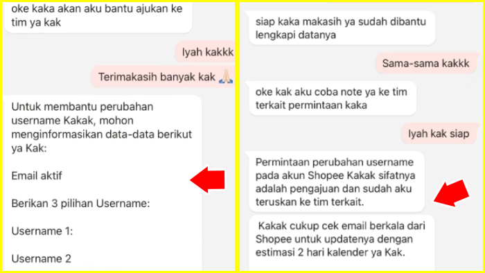 proses pengajuan perubahan username lewat chat shopee