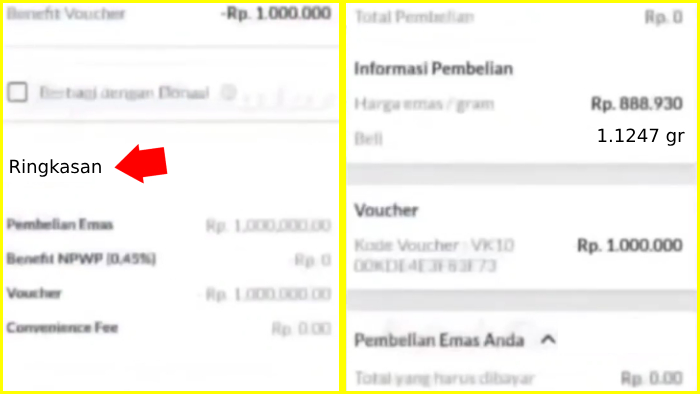 ringkasan konfirmasi checkout pembelian emas