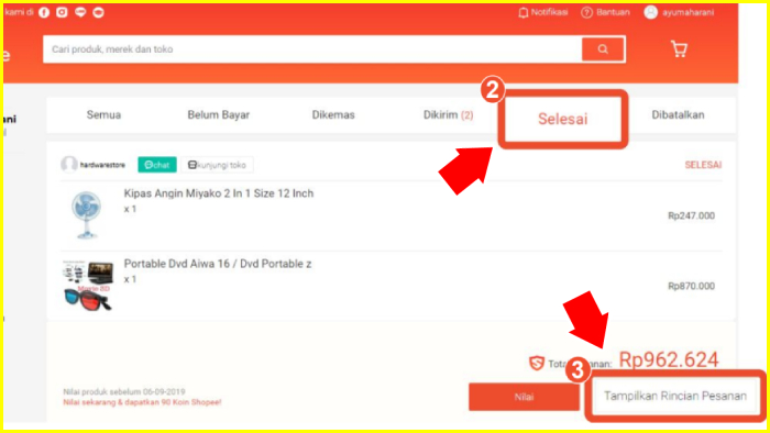 tampilkan rincian pesanan dari dashboard seller shopee