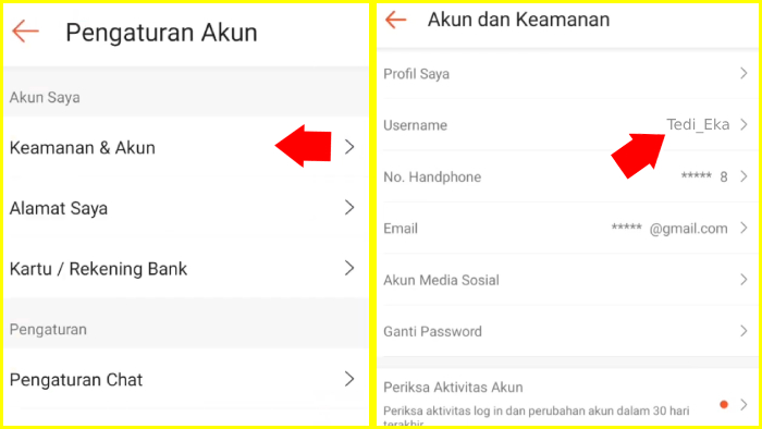 tap keamanan akun pada pengaturan dan tap username shopee mu