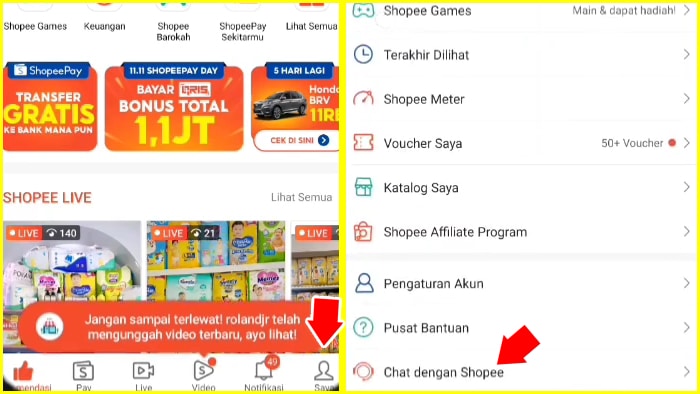 tap menu saya lalu pilih chat dengan shopee