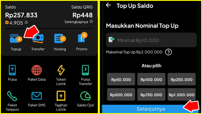 tap menu top up buka kios masukkan nominal top up