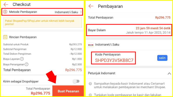 tekan buat pesanan dan simpan kode pembayaran indomaret dari shopee