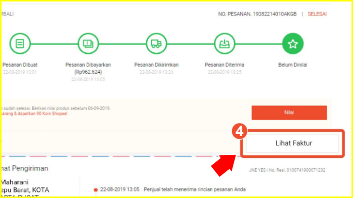 tombol lihat faktur pada halaman detail pesanan seller shopee