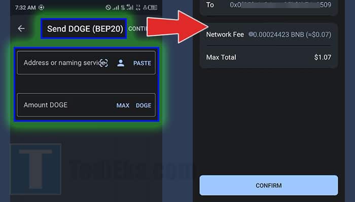 trust wallet send doge bep20 address amount - confirm